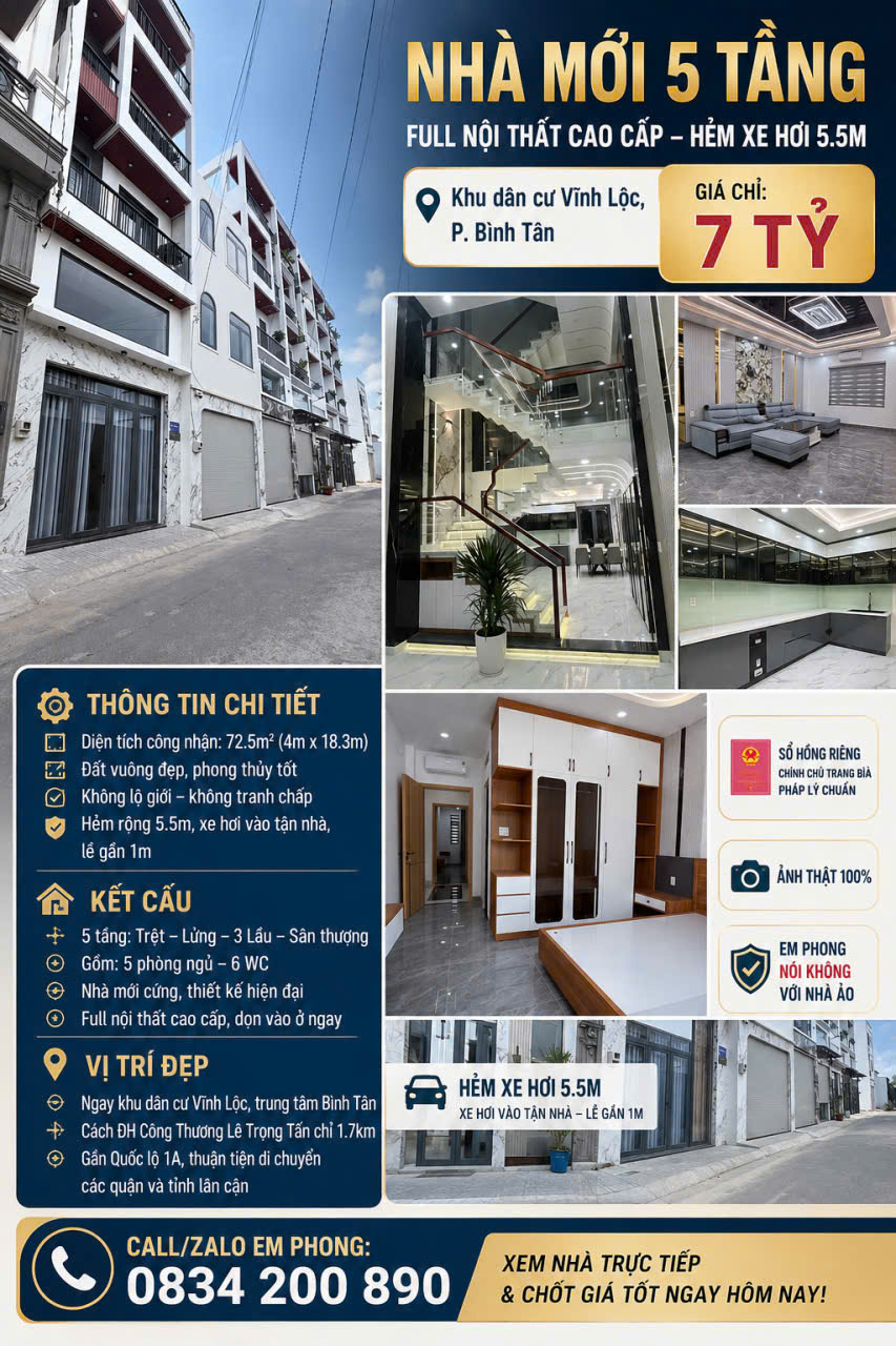 NHÀ MỚI 5 TẦNG – 72.5M² – HẺM XE HƠI 5.5M